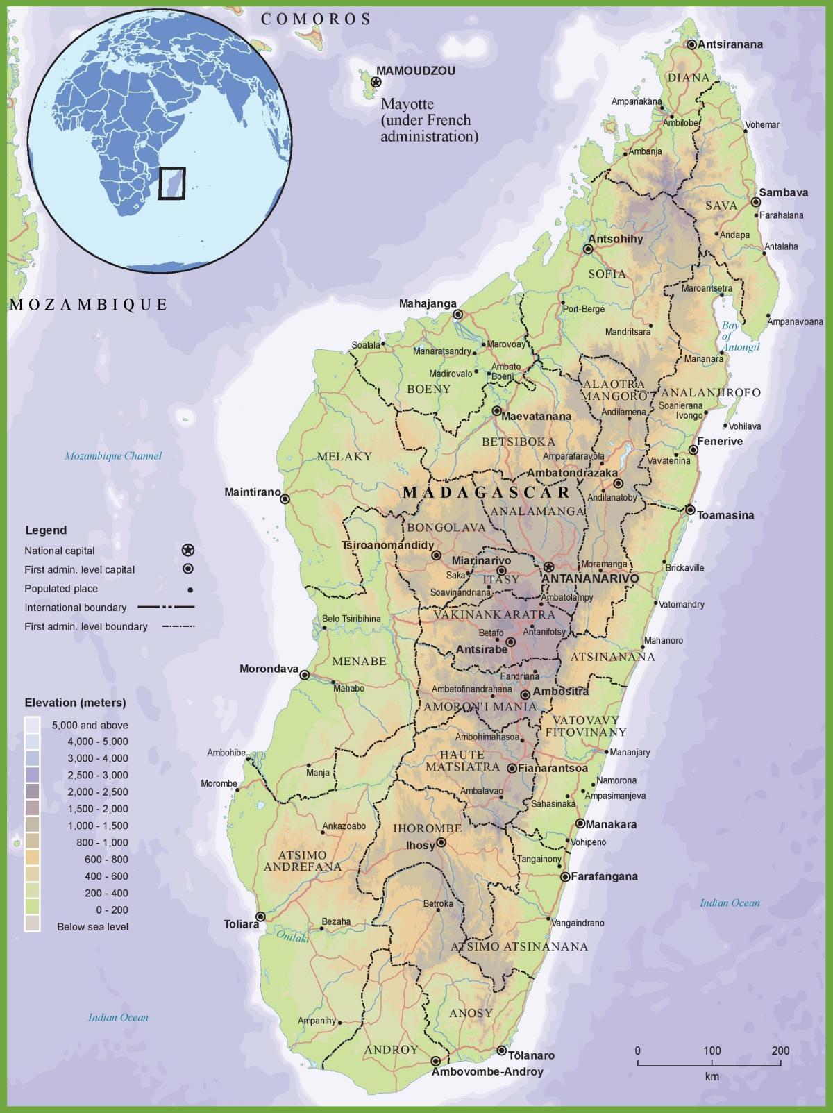 žemėlapis fizinis žemėlapis Madagaskaras
