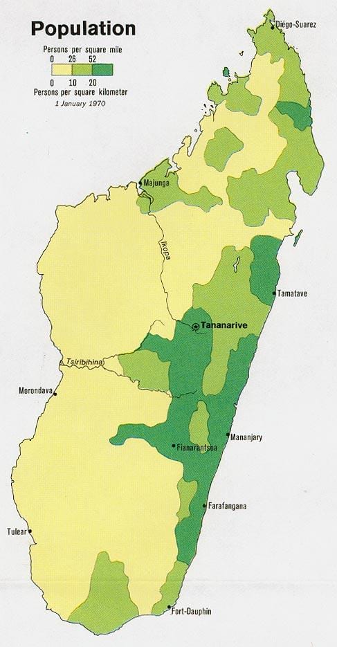 Madagaskaro gyventojų tankumo žemėlapis
