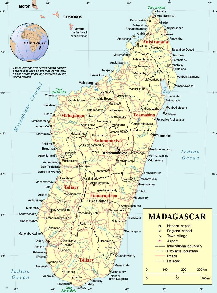 Madagaskaras žemėlapis, kuriame miestų
