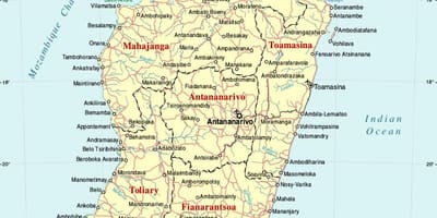 Madagaskaras žemėlapis, kuriame miestų