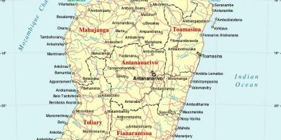 Madagaskaras žemėlapis, kuriame miestų